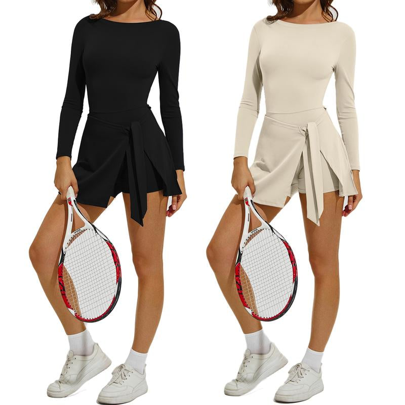 Kabuer Women'S Black Long Sleeve Tennis Dress with Ruffle Side Slit & Built-In Shorts for Yoga Golf Athletic Activities Homecoming Dress Activewear Machine Washable High Stretch Knit Fabric