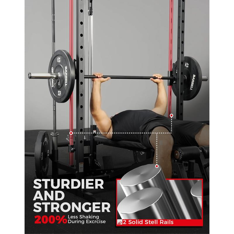 MIKOLO Smith Machine Power Cage for Home Gym 1:1 Ratio Strength Trainer with 8 Attachments Space Saving Squat Rack Alloy Steel Constructionmikolo