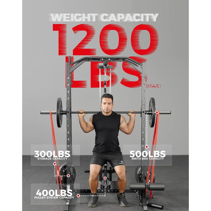 MIKOLO Smith Machine Power Cage for Home Gym 1:1 Ratio Strength Trainer with 8 Attachments Space Saving Squat Rack Alloy Steel Constructionmikolo