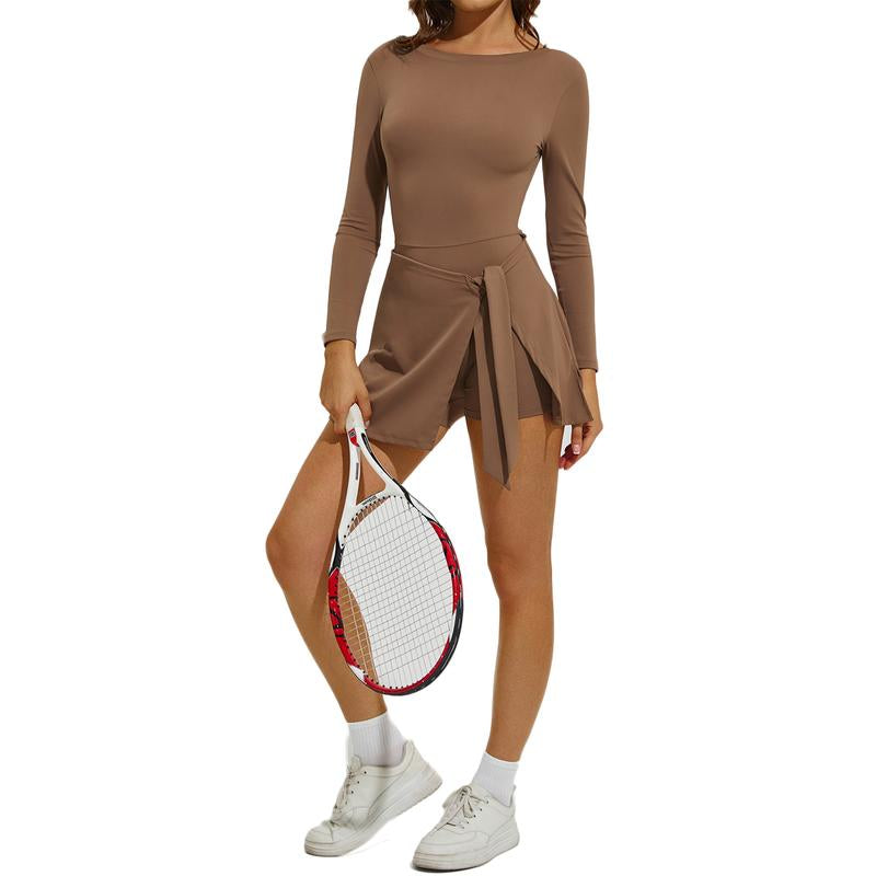 Kabuer Women'S Black Long Sleeve Tennis Dress with Ruffle Side Slit & Built-In Shorts for Yoga Golf Athletic Activities Homecoming Dress Activewear Machine Washable High Stretch Knit Fabric
