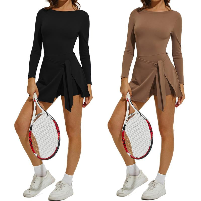 Kabuer Women'S Black Long Sleeve Tennis Dress with Ruffle Side Slit & Built-In Shorts for Yoga Golf Athletic Activities Homecoming Dress Activewear Machine Washable High Stretch Knit Fabric