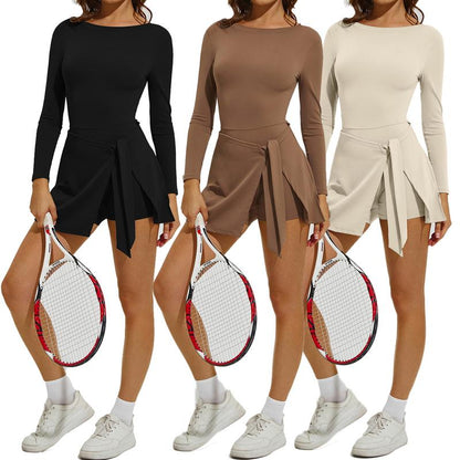 Kabuer Women'S Black Long Sleeve Tennis Dress with Ruffle Side Slit & Built-In Shorts for Yoga Golf Athletic Activities Homecoming Dress Activewear Machine Washable High Stretch Knit Fabric