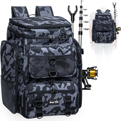 Hap Tim 42L Fishing Tackle Backpack Dual Rod Holders Fishing Gear Equipment Accessories Bag for Organised with Removable Board Multi-Pocket Gift for Men