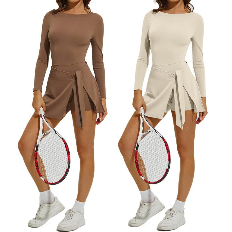 Kabuer Women'S Black Long Sleeve Tennis Dress with Ruffle Side Slit & Built-In Shorts for Yoga Golf Athletic Activities Homecoming Dress Activewear Machine Washable High Stretch Knit Fabric