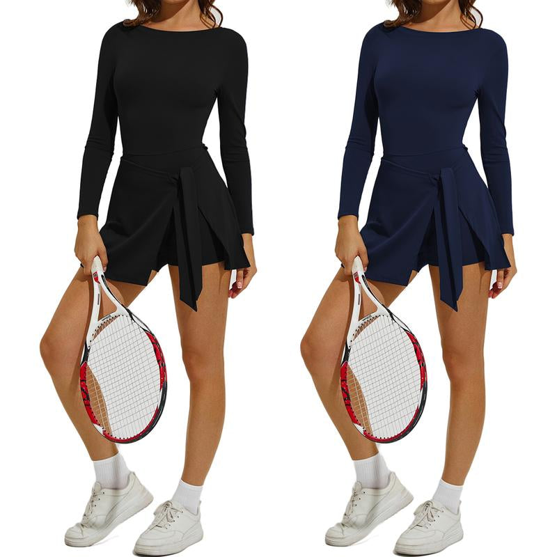 Kabuer Women'S Black Long Sleeve Tennis Dress with Ruffle Side Slit & Built-In Shorts for Yoga Golf Athletic Activities Homecoming Dress Activewear Machine Washable High Stretch Knit Fabric