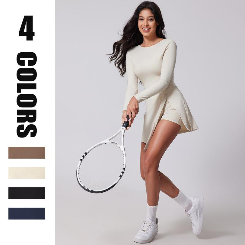 Kabuer Women'S Black Long Sleeve Tennis Dress with Ruffle Side Slit & Built-In Shorts for Yoga Golf Athletic Activities Homecoming Dress Activewear Machine Washable High Stretch Knit Fabric