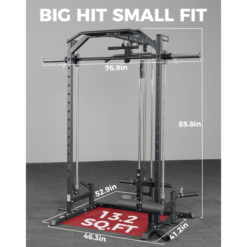 MIKOLO Smith Machine Power Cage for Home Gym 1:1 Ratio Strength Trainer with 8 Attachments Space Saving Squat Rack Alloy Steel Constructionmikolo