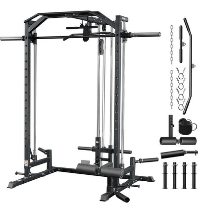 MIKOLO Smith Machine Power Cage for Home Gym 1:1 Ratio Strength Trainer with 8 Attachments Space Saving Squat Rack Alloy Steel Constructionmikolo