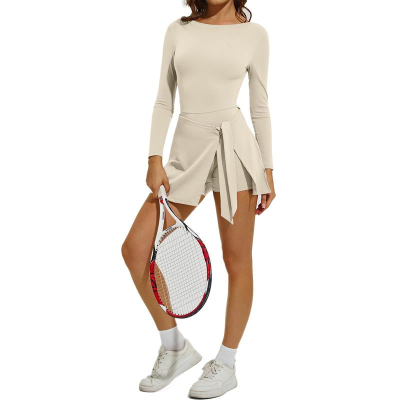 Kabuer Women'S Black Long Sleeve Tennis Dress with Ruffle Side Slit & Built-In Shorts for Yoga Golf Athletic Activities Homecoming Dress Activewear Machine Washable High Stretch Knit Fabric