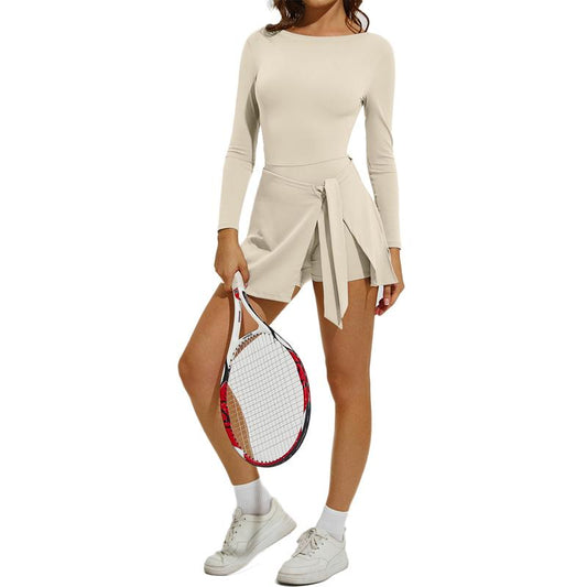 Kabuer Women'S Black Long Sleeve Tennis Dress with Ruffle Side Slit & Built-In Shorts for Yoga Golf Athletic Activities Homecoming Dress Activewear Machine Washable High Stretch Knit Fabric